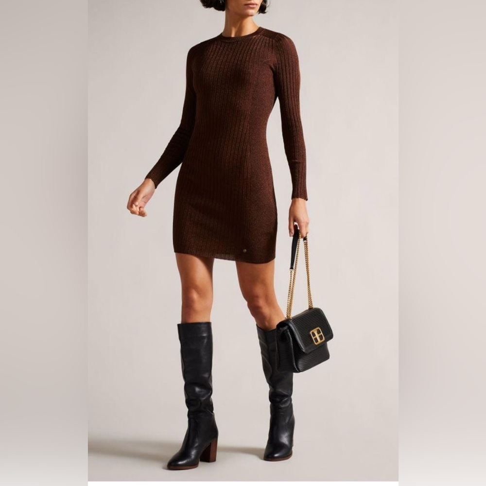 Ted Baker Brown Ribbed Long Sleeve Knit Dress